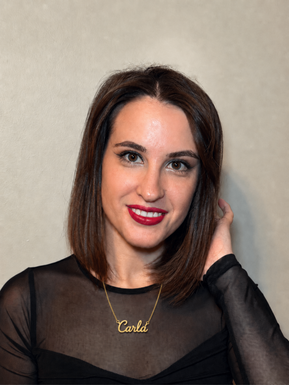 Carla wearing a personalized necklace